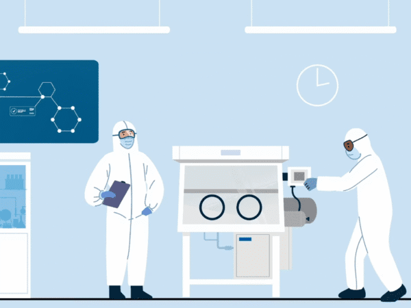 Image from High Potency APIs at Radiofilum animation showing two people in PPE using high containment within HPAPI laboratories