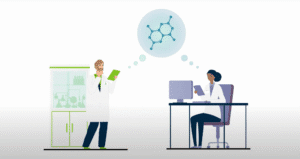 Image taken from an overview of Radiofilum CDMO animation showing scientists at work