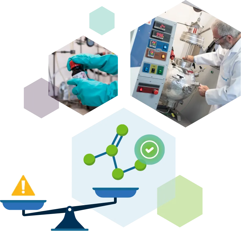 Laboratory equipment and molecular structures in hexagonal layout